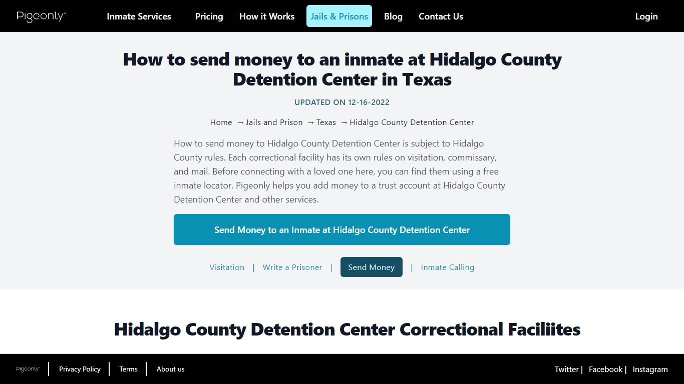 Send Money to Inmate Hidalgo County Detention Center, Texas | Pigeonly